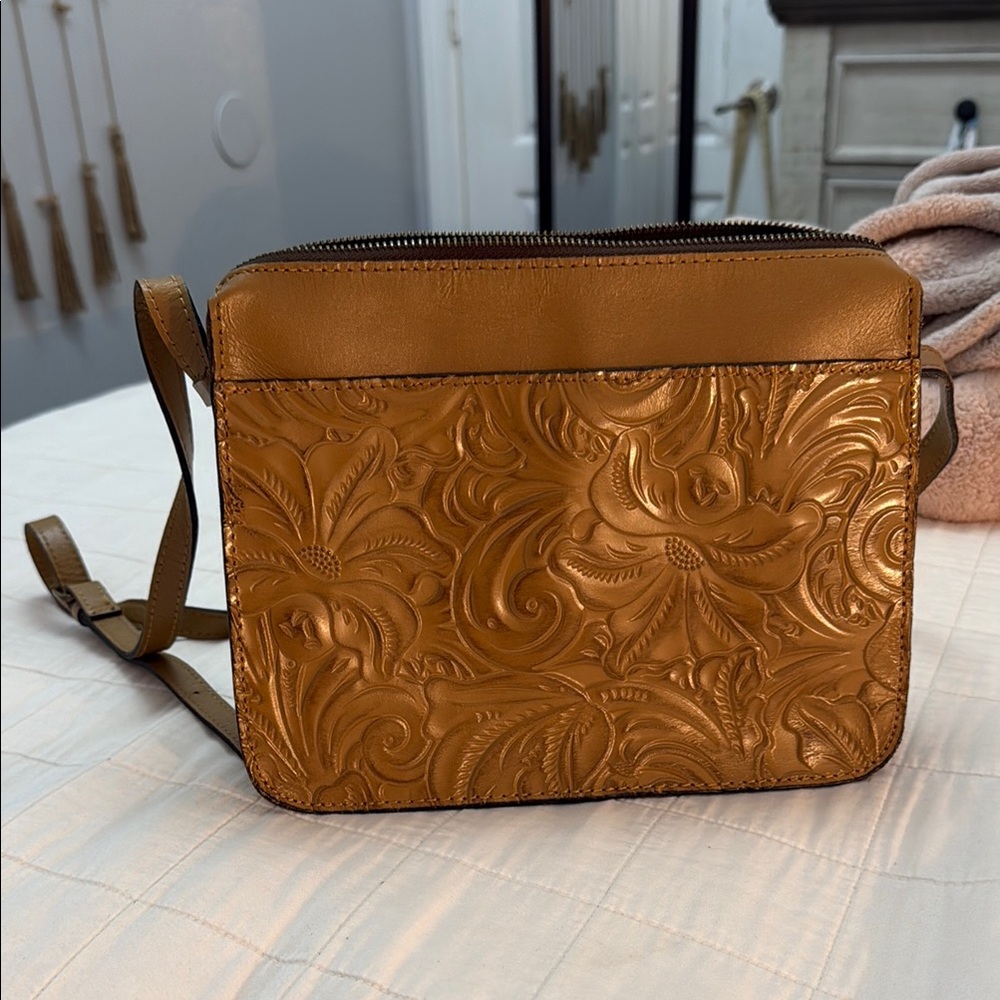 Patricia Nash Tan Crossbody Bag with Embossed Floral Design